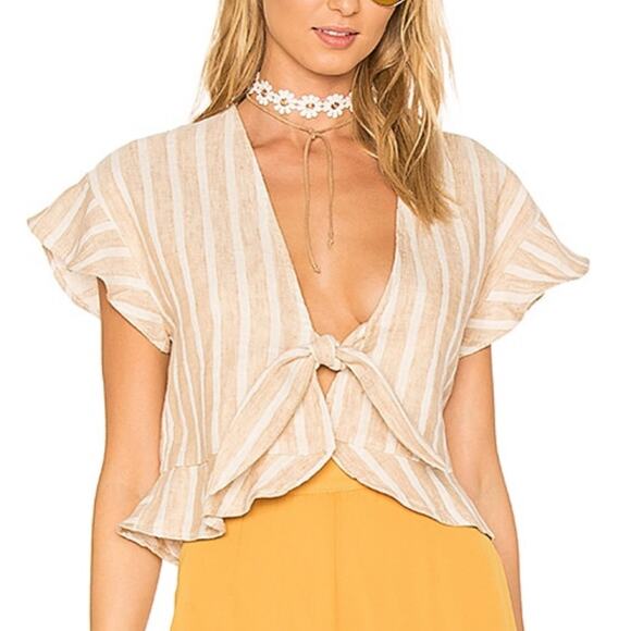 Revolve Tularosa Winnie Blouse Natural Stripe Shirt Linen Crop Top Large - Picture 1 of 7